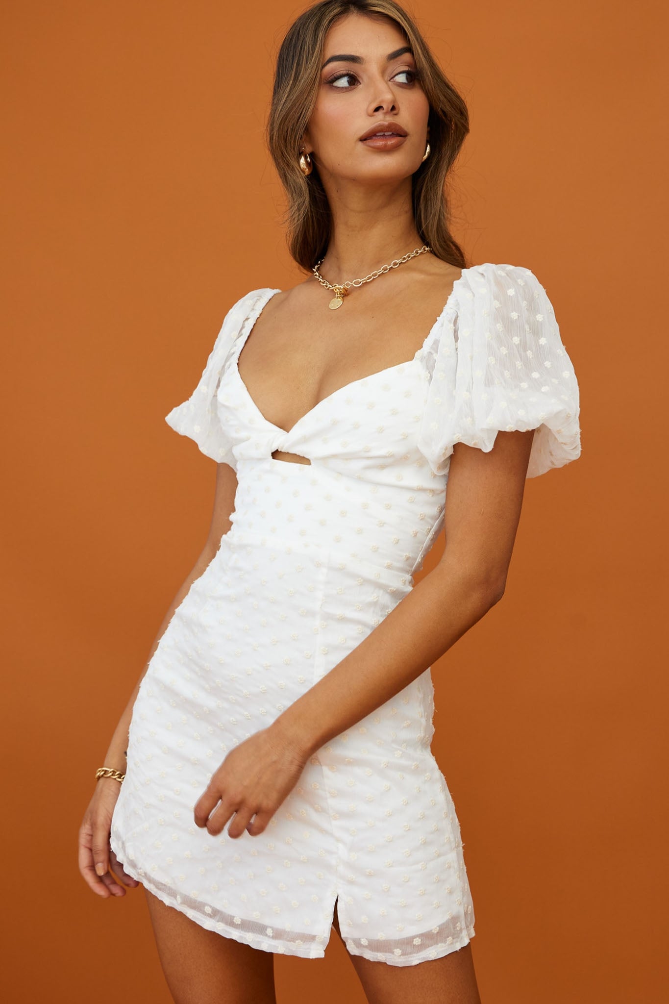 Shop the Molli Sheer Puff Sleeve Twist Feature Dress White