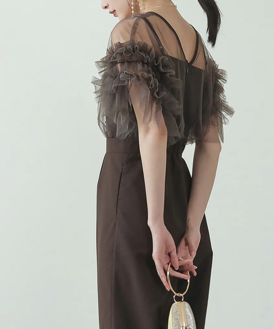 Mサイズ】チュール ティアードフリル ハイウエスト パンツドレス 結婚