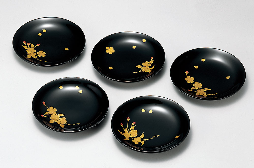 銘々皿お皿-【手描き蒔絵・磨き蒔絵】桜花絵変り 銘々皿［5枚］ | 越前