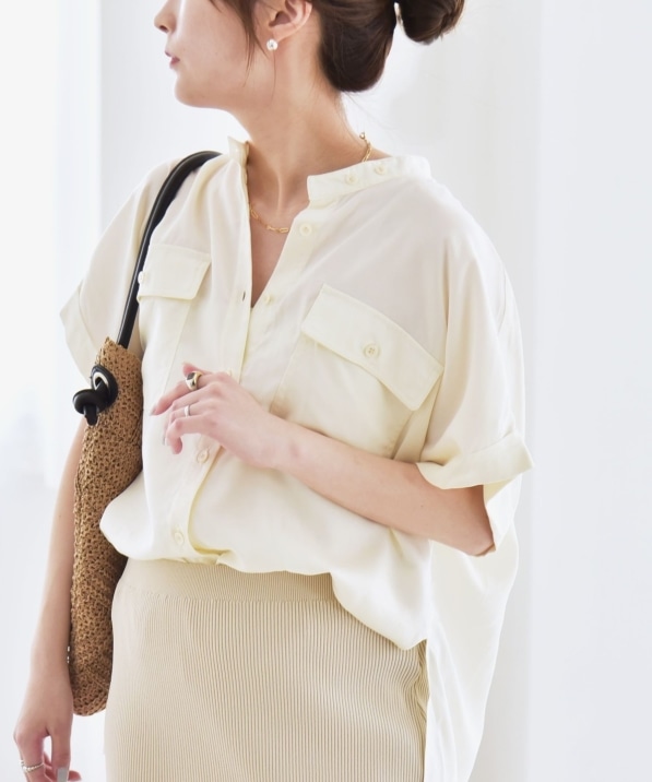 quaranciel:〈手洗い可能〉バンドカラー ハーフスリーブ ポケット