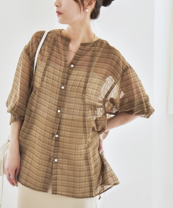 quaranciel:〈手洗い可能〉シアー チェック ノーカラー ハーフスリーブ