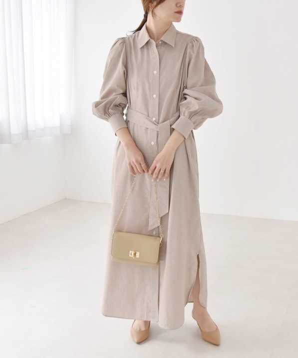 quaranciel:〈洗濯機可能〉シャンブレー パフ ロング シャツ