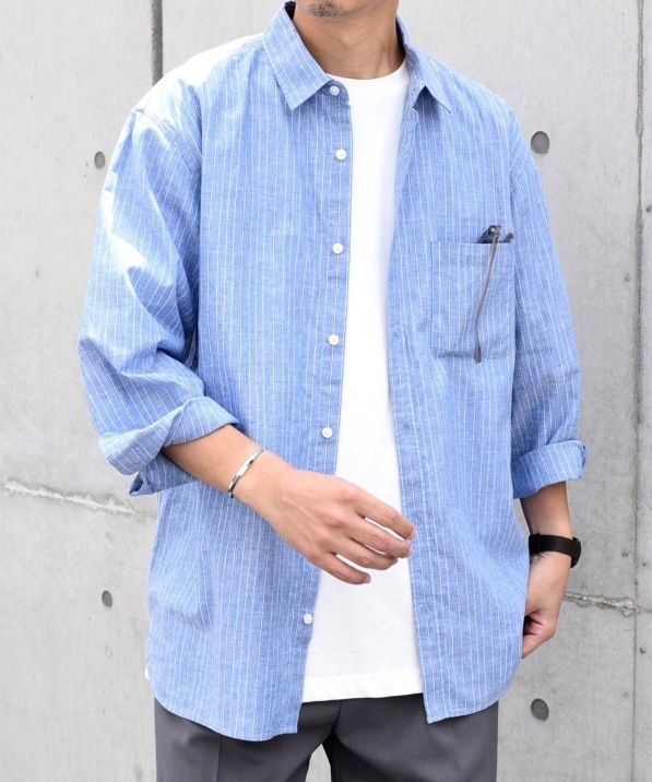 SHIPS any: 〈洗濯機可能〉コットン / リネン ブルー ストライプ 7分袖