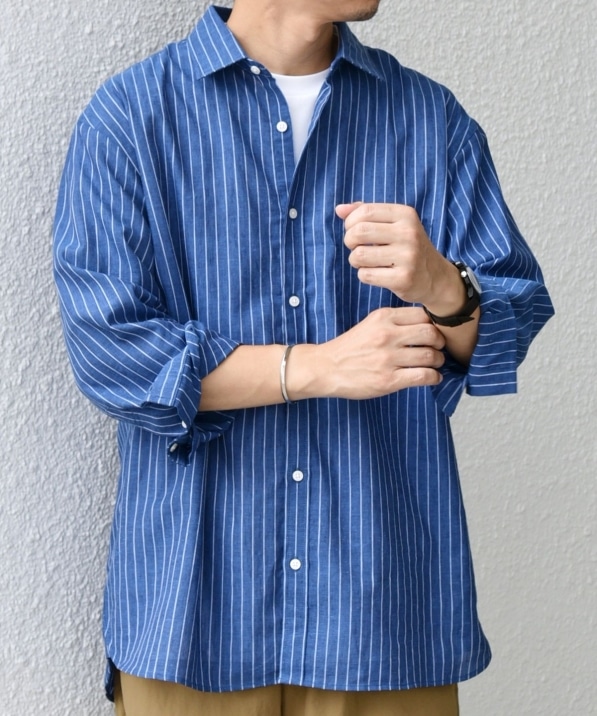 SHIPS any: コットン/リネン ストライプ 7分袖 レギュラー シャツ