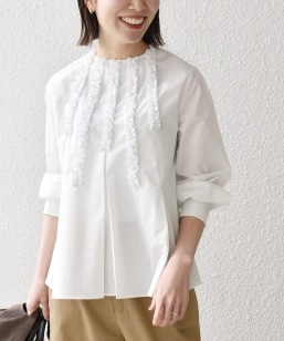 SHIPS any:〈手洗い可能〉シアー フリル バンドカラー シャツ ブラウス