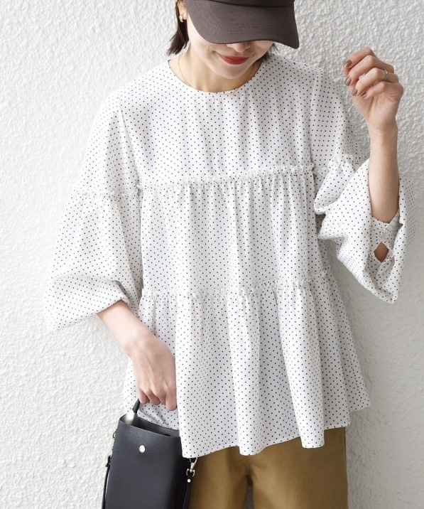 SHIPS any:〈洗濯機可能〉ドット ノーカラー ティアード フレア