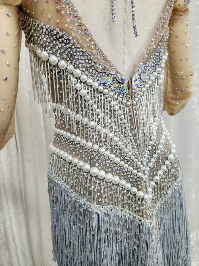 試着・レンタル・購入】社交ダンスドレス シルバー Lサイズ フリンジ