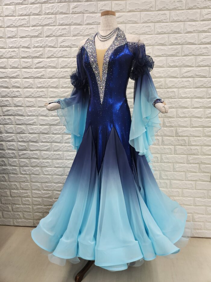 試着・レンタル・購入】社交ダンスドレス SMサイズ ネイビー×ブルー