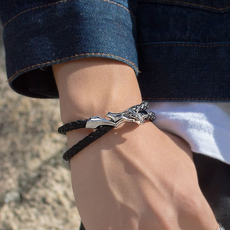 編革レザーブレスレット（ブラック）×シルバー [DB-117]