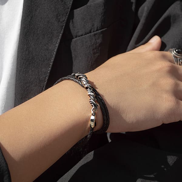 編革レザーブレスレット（ブラック）×シルバー 3重巻き [DB-177]
