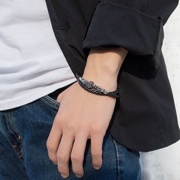 D.four-ARMOR-】レザー×シルバーアーマーブレスレット [DF-024]