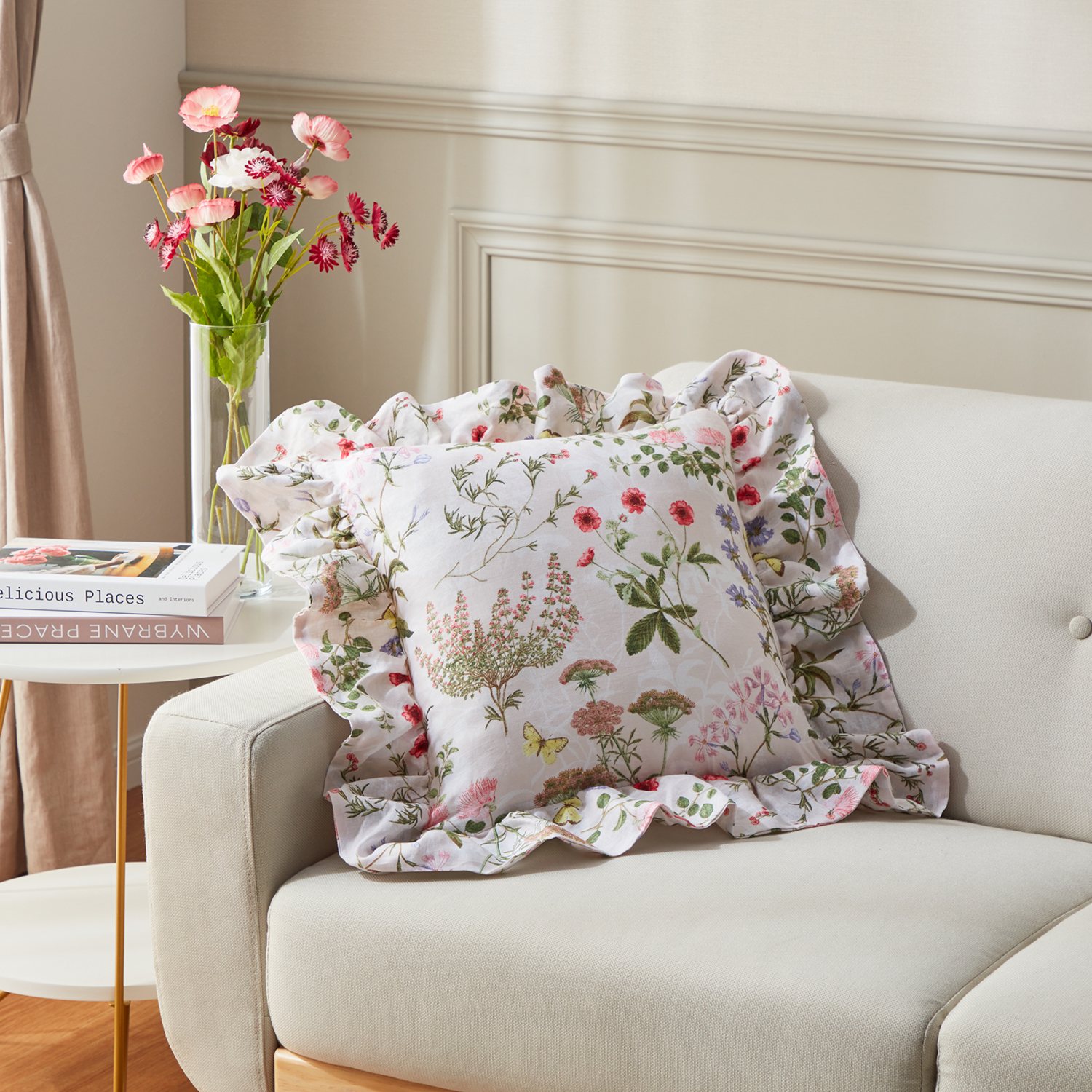 大津毛織 フレンチリネン ボタニカルプリント フリル付きクッション