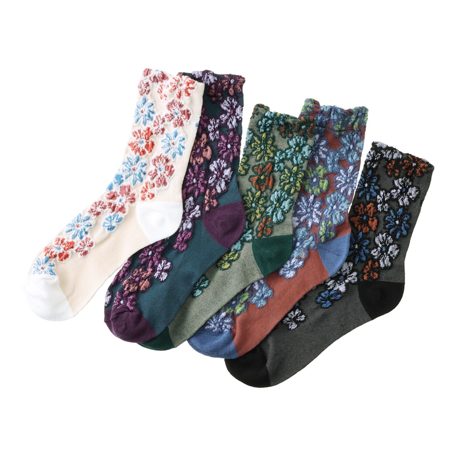 韓国トレンド 雑貨コレクション レトロカラフル花柄 靴下5足セット