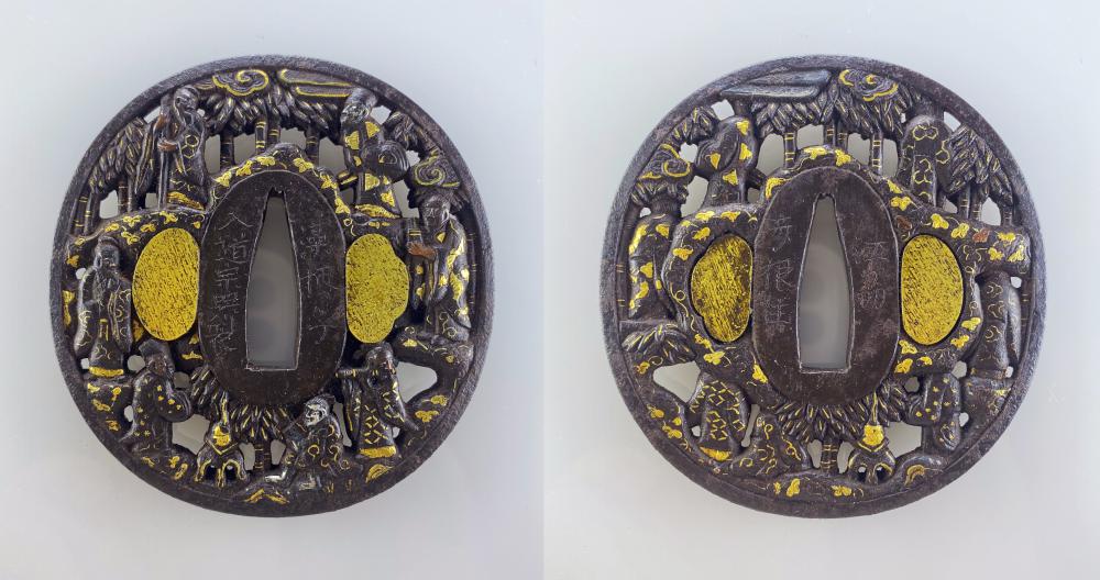 武具 刀装具 刀鍔 在名彦根住 馬に武将図 透かし鉄地 箱付 骨董品 武具