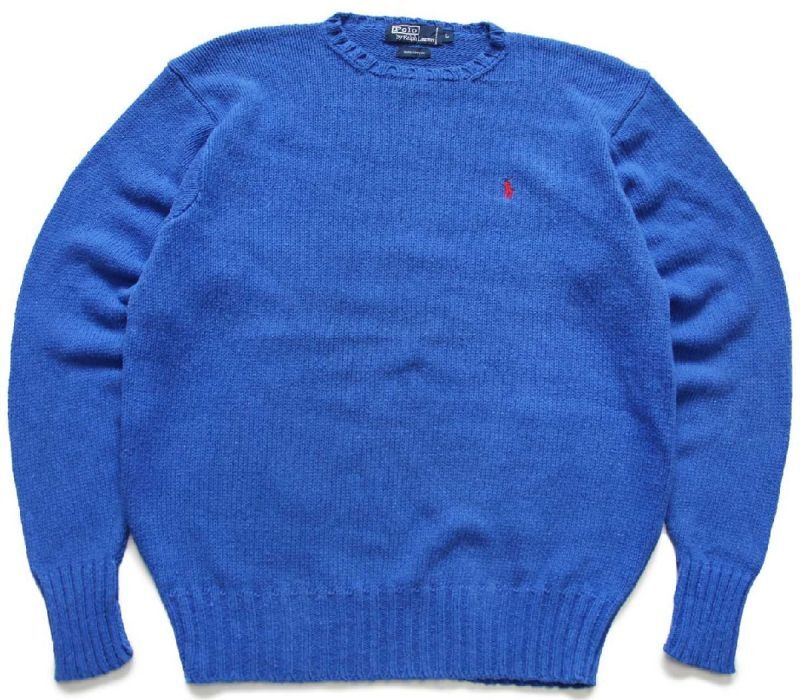 90s ポロ ラルフローレン ワンポイント コットンニット セーター 青 L