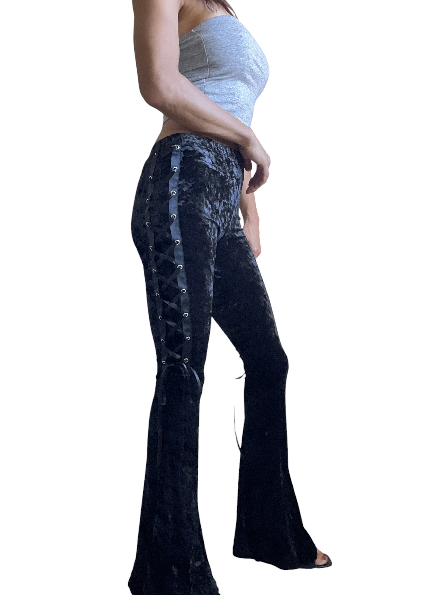 Gothic Black Crushed Velvet Side Corset Bell Bottoms Flared Pants