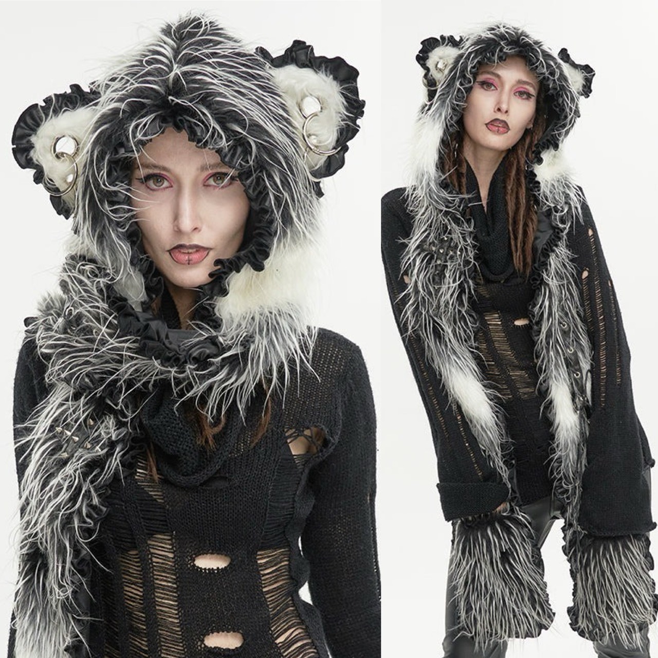 Long Hair Cat Ears Punk Hooded Scarf / フード付きマフラー【Devil