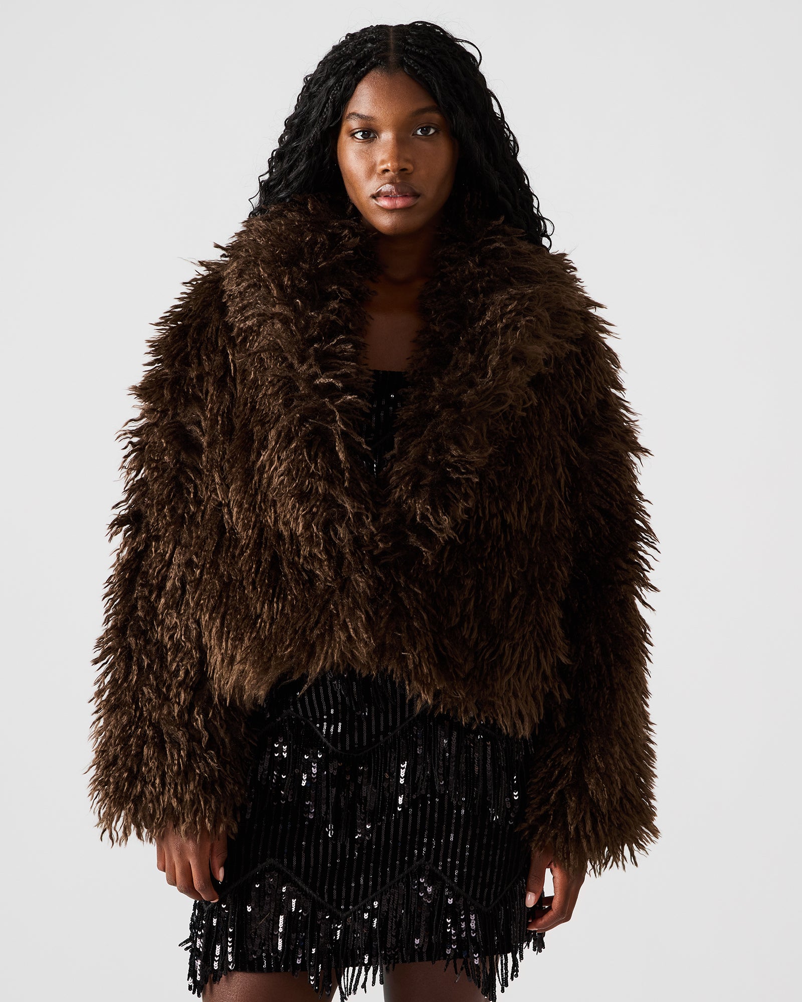 INAYA Dark Espresso Long-Sleeved Faux Fur Shaggy Women's Coat