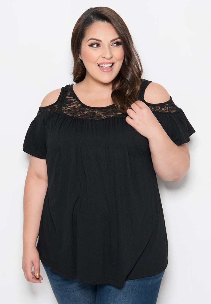 Women's Plus Size Tops | Stacy Cold Shoulder Top in Black | SWAK