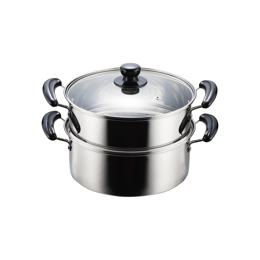 NEWだんらん ステンレス製ガラス蓋付2段蒸し器26cm H-5875