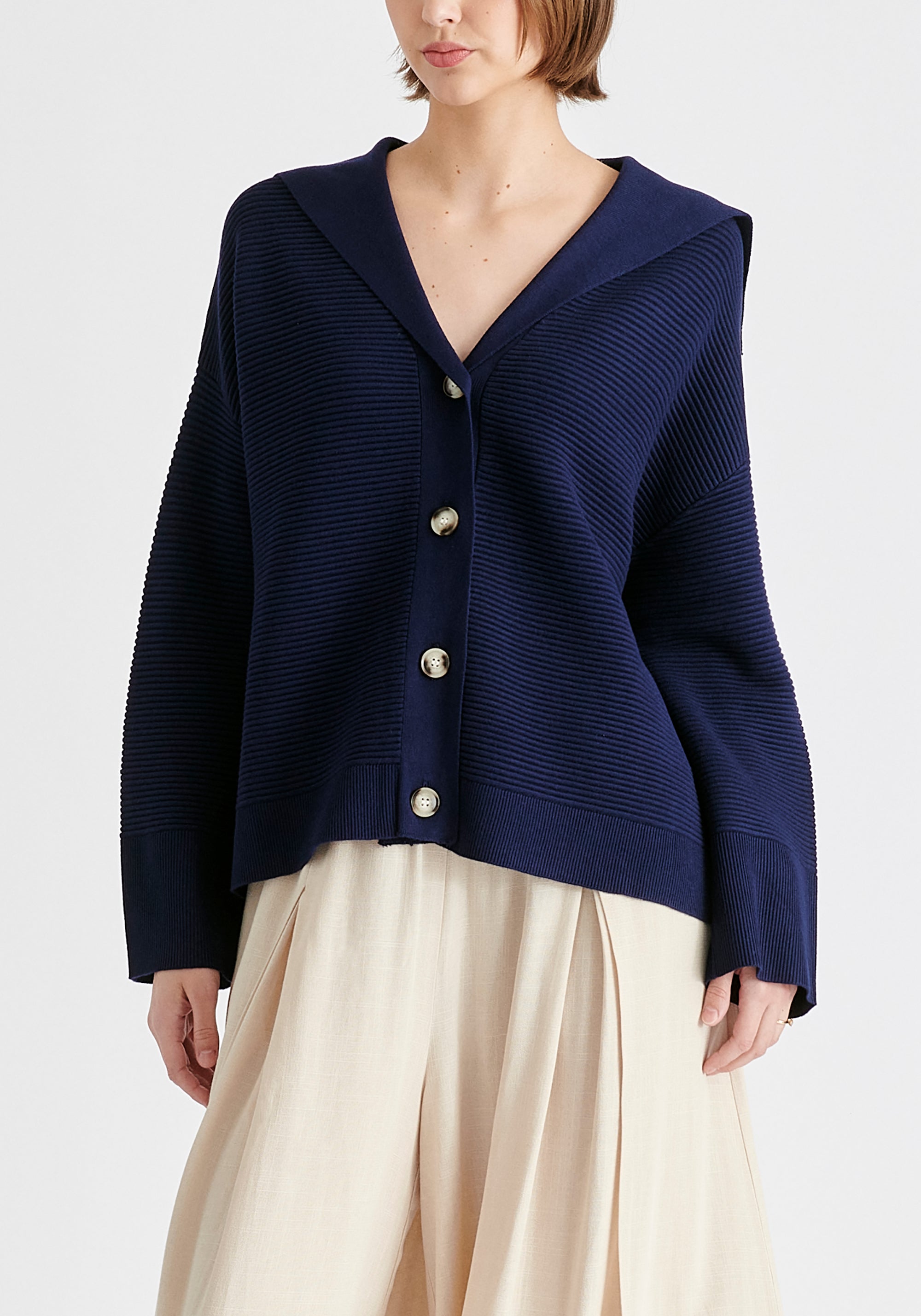 Sailor Collar Ribbed Cardigan in Navy| Knitwear – Paisie