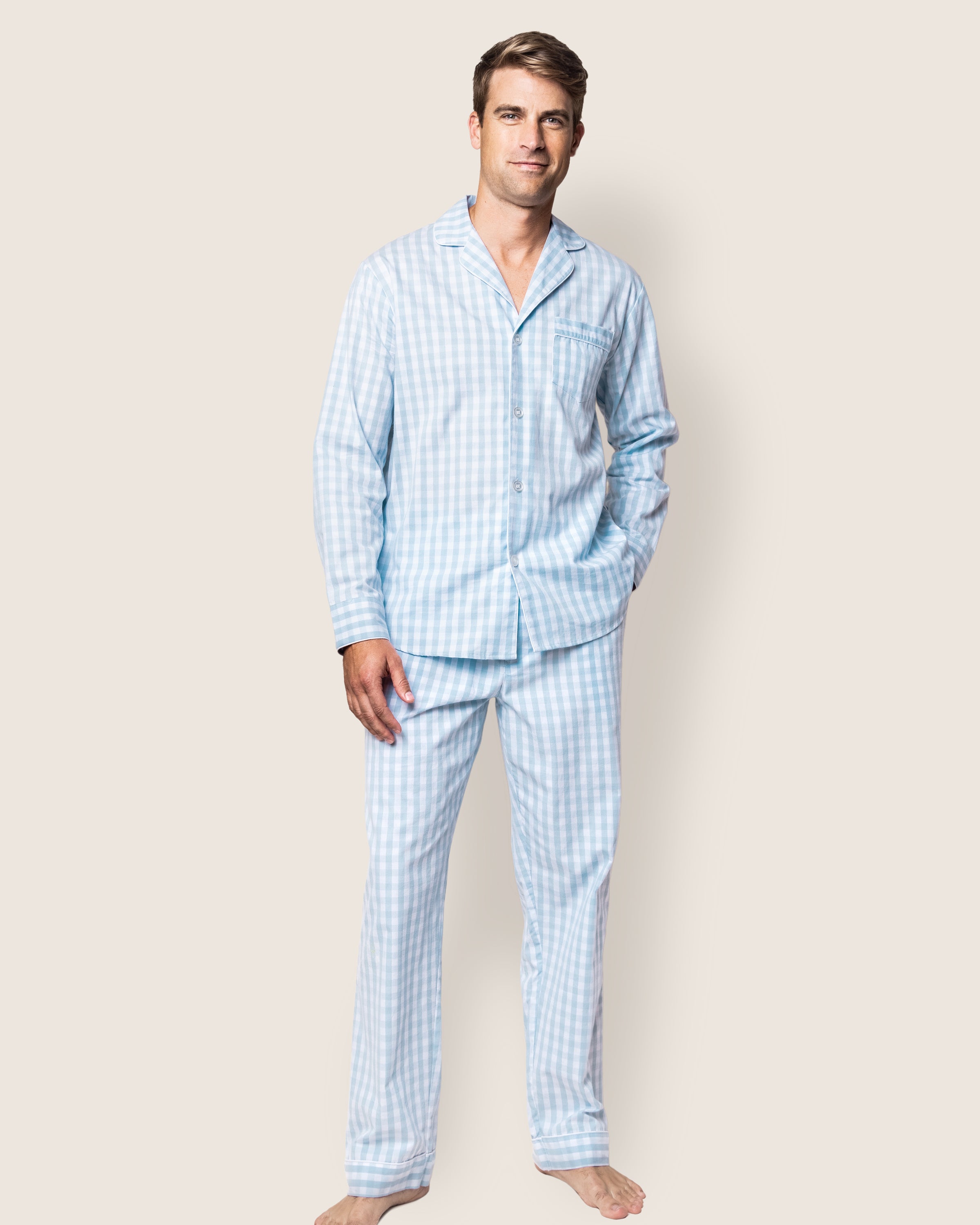 Men's Light Blue Gingham Pajama Set | Petite Plume