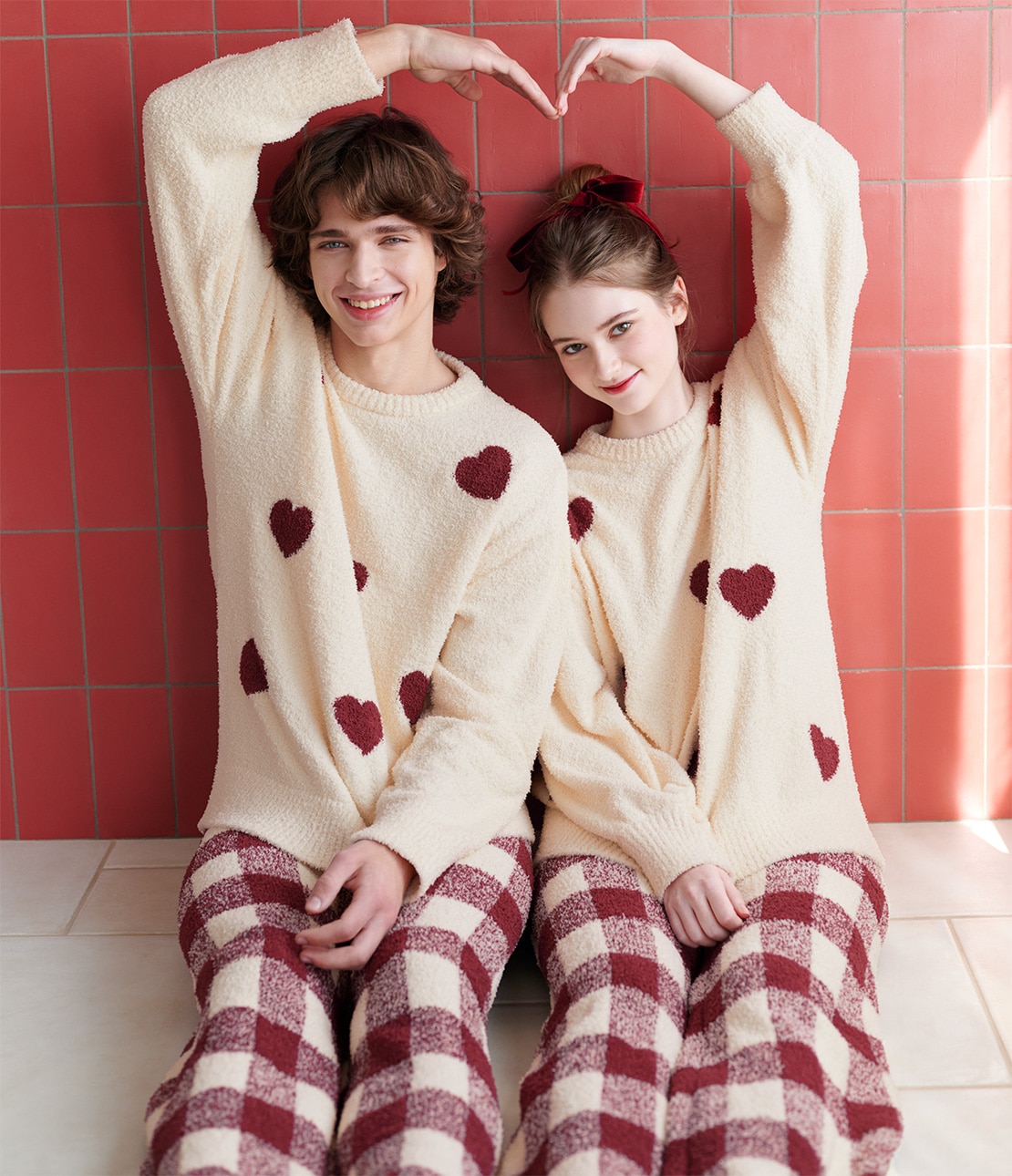 ホイップリーハートチェックパジャマ(レディース ワンサイズ レッド