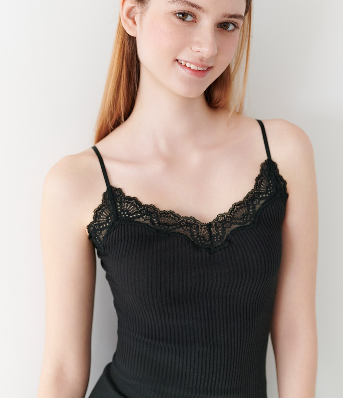 オーガニックコットンレーストリムキャミソール(S/M ブラック): PEACH
