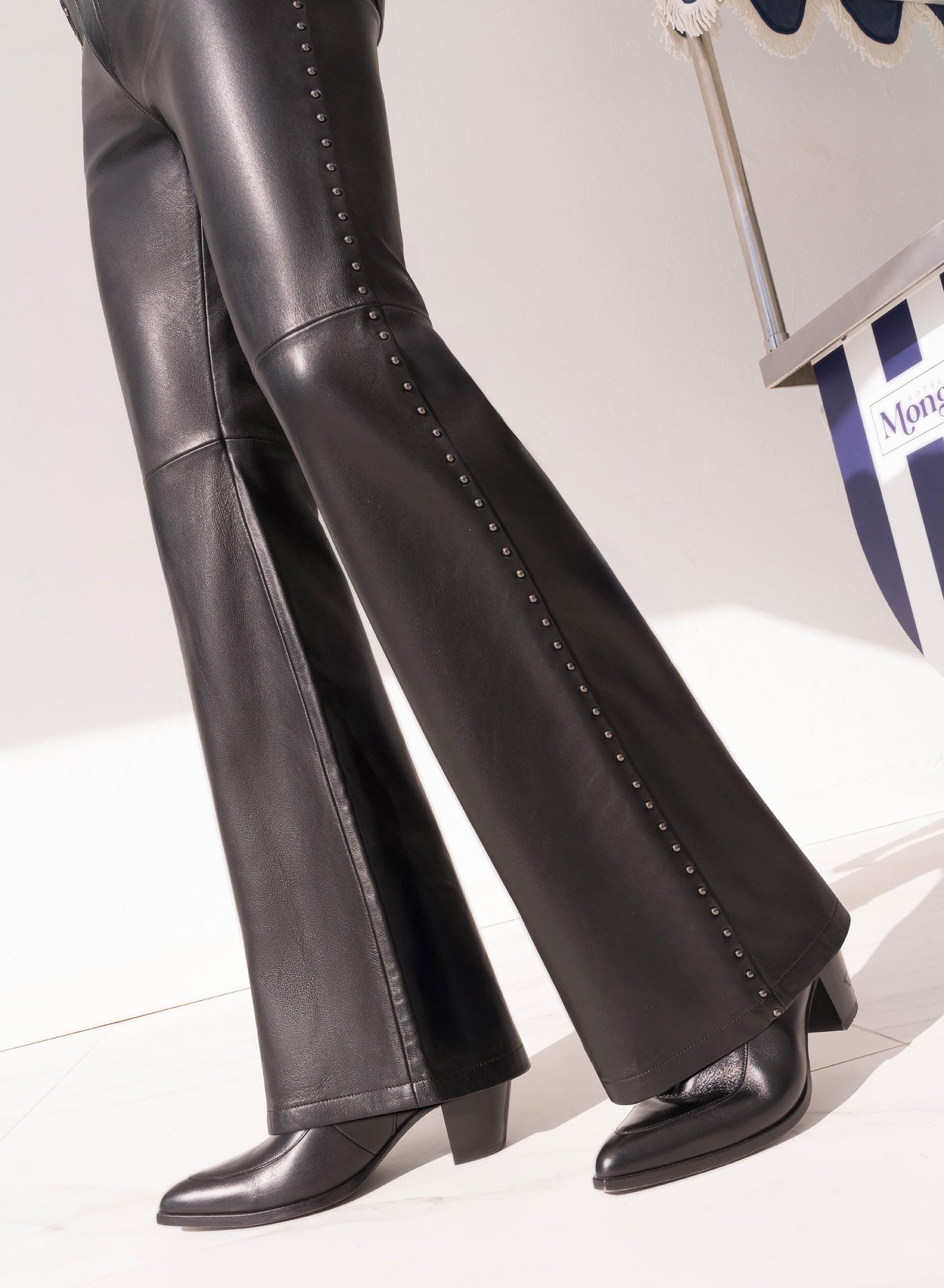 Black Leather Studded Flare Trousers ‐ Phix
