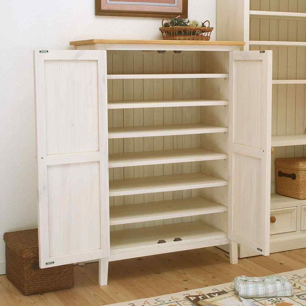 白いカントリーキャビネット・飾り棚｜木製扉｜木製取手｜パイン