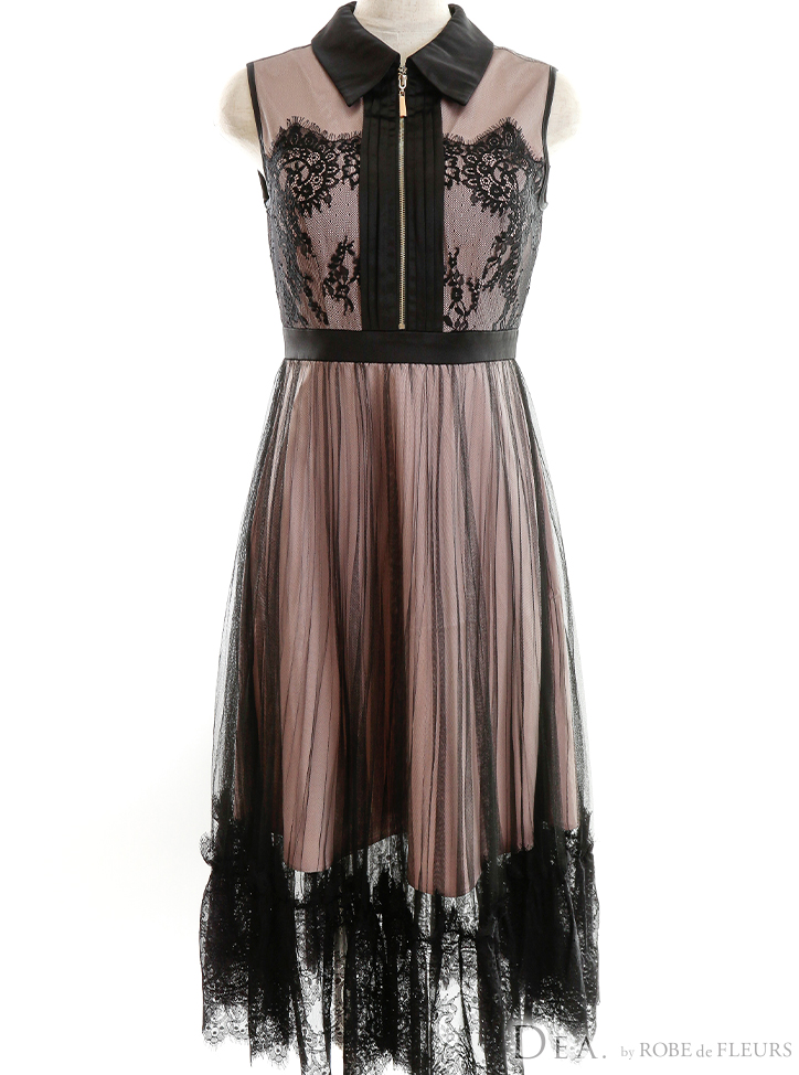 襟付きジップxチュールレースミディキャバドレス(DE2715)