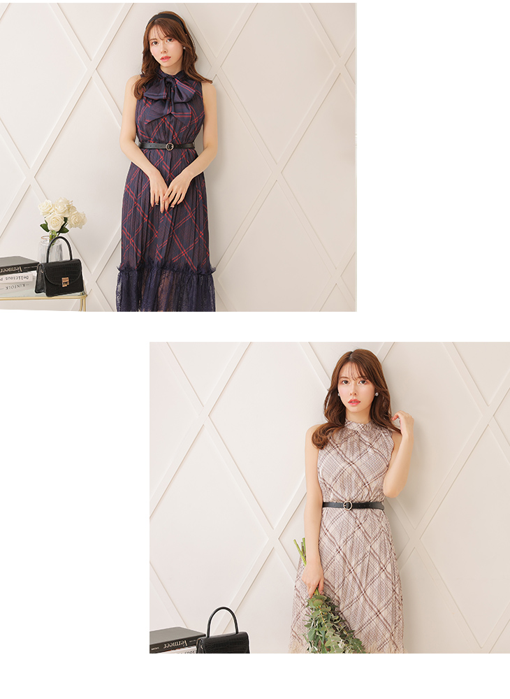 チェック柄 x ノースリーブマキシワンピース【リボンベルト、ベルト