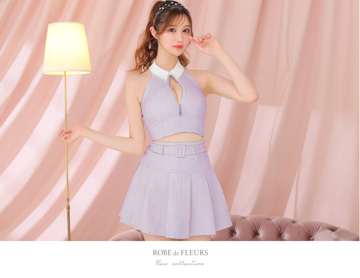 XSサイズあり】襟付きホルタージッパーツイードセットアップキャバ