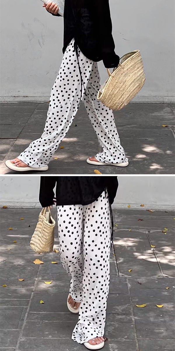 楽天市場】ドットワイドパンツ プリーツワイドパンツ ドット柄 ワイド