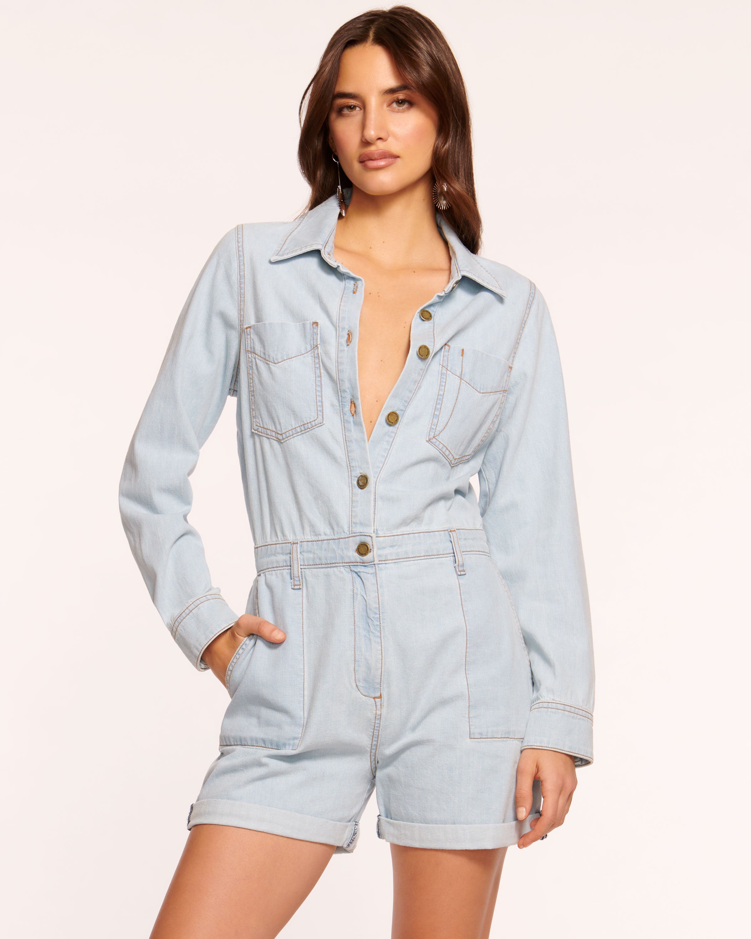 Lavinia Relaxed Denim Romper in bleached wash | Ramy Brook