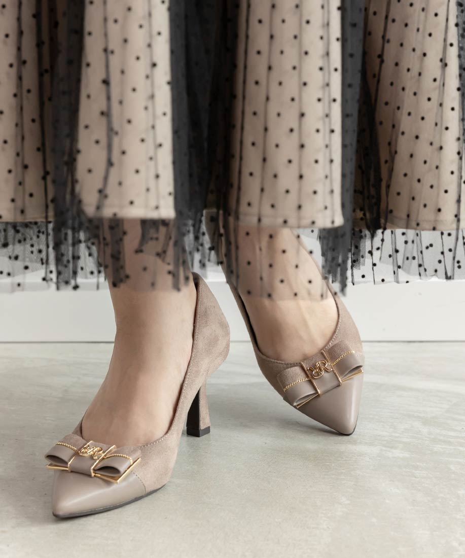 SALE】【走れる美脚パンプス】コンビマテリアルリボンフィットパンプス