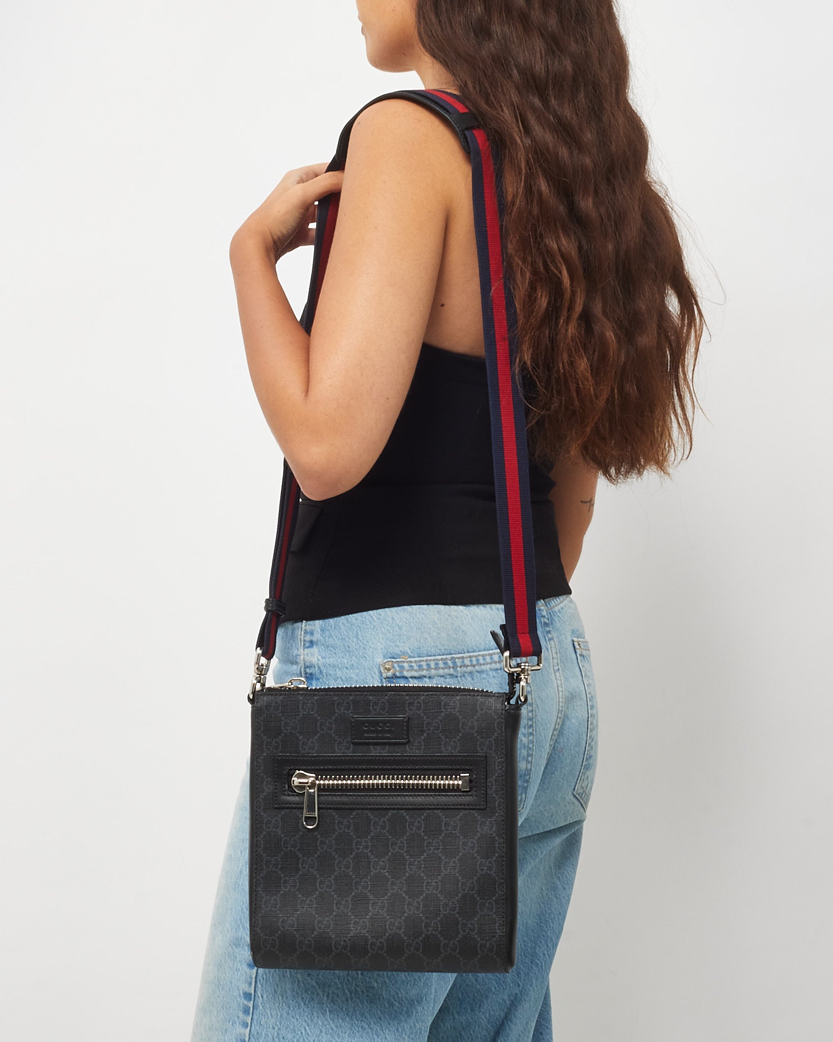 Buy Gucci Black Monogram GG Supreme Canvas Front Zip Web Messenger