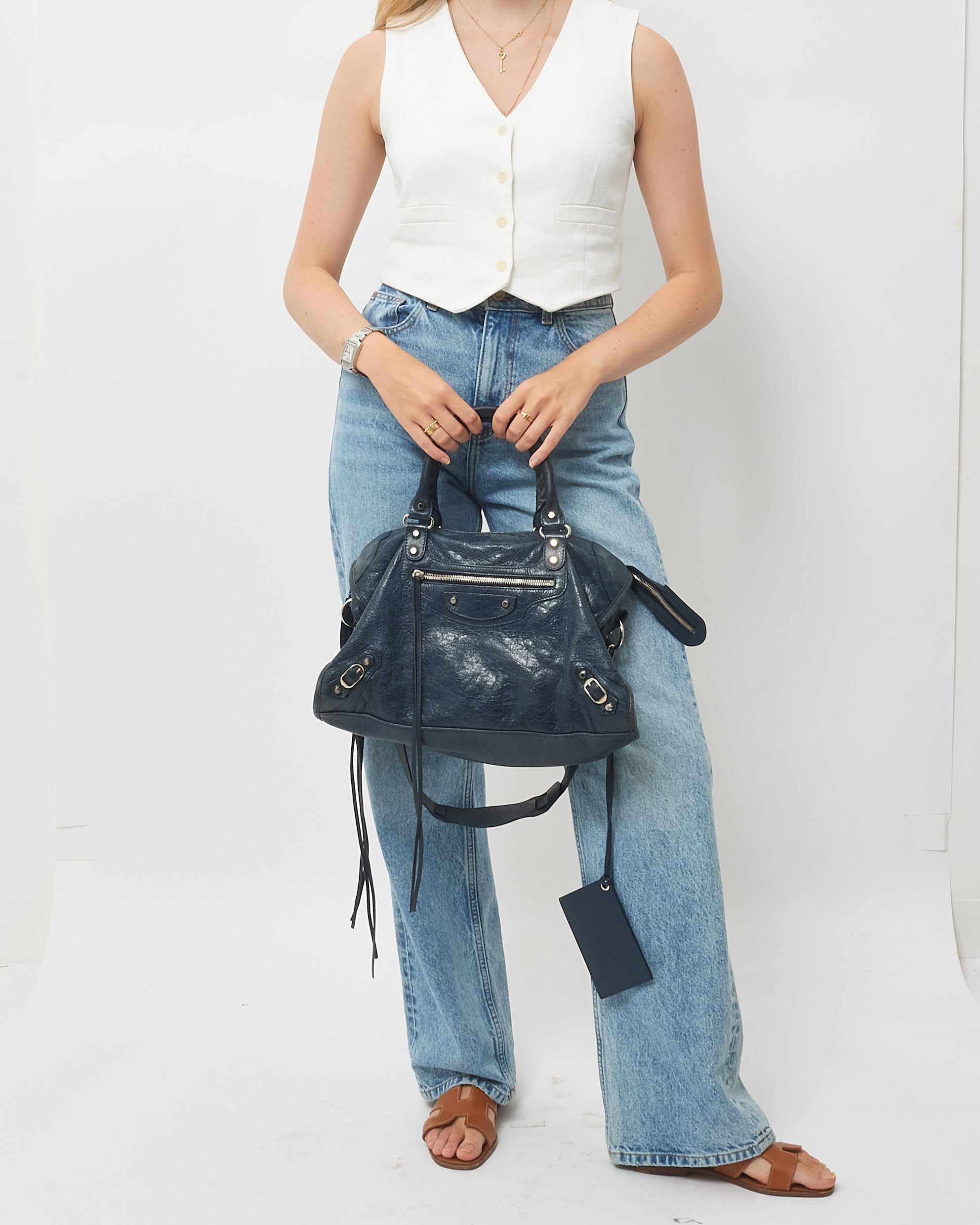 Buy Balenciaga Navy Blue Leather Motocross City Bag