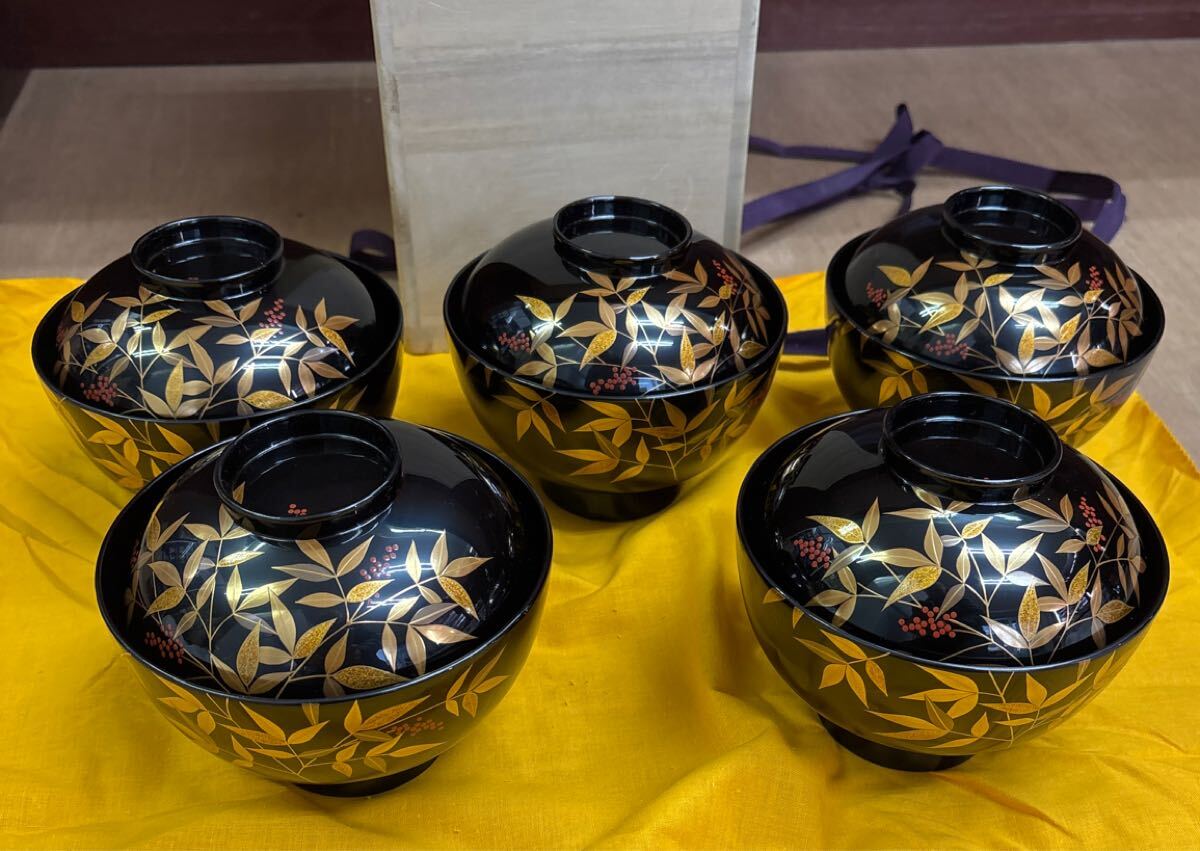 時代輪島塗 草花蒔絵 吸物椀 十客 木製 茶道具 懐石 菓子 BJ134 時代