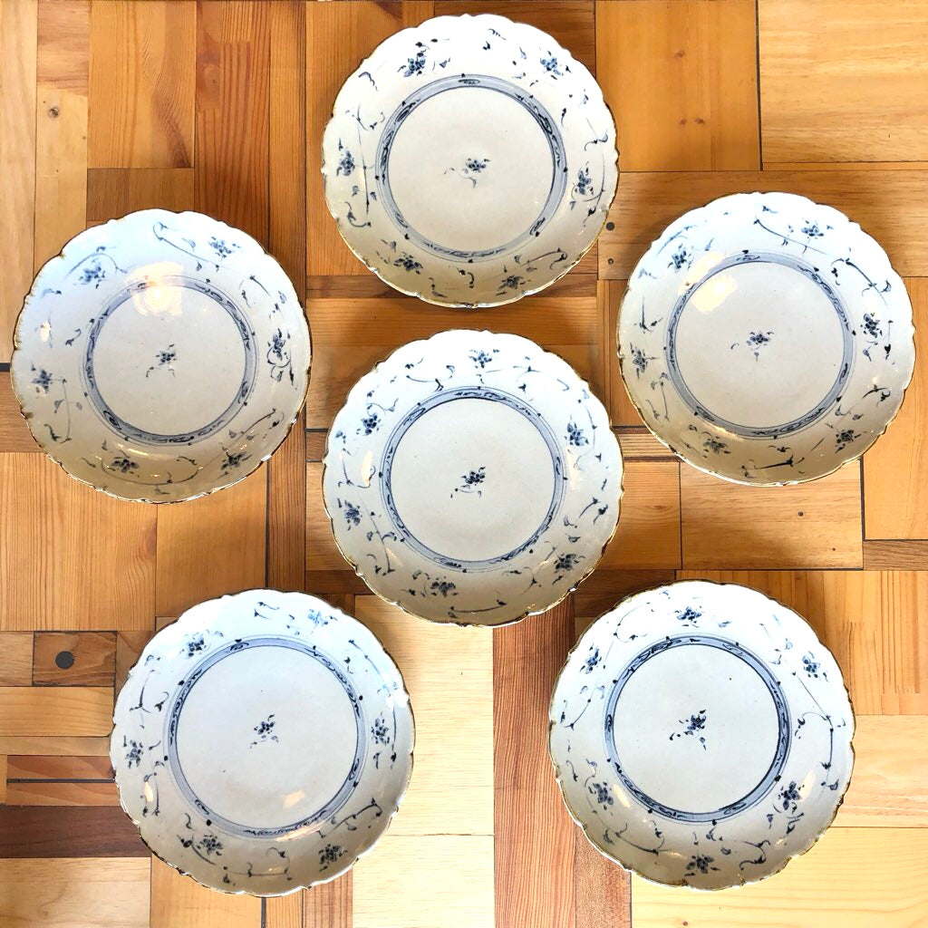 染付輪花大皿 6枚セット 藤田佳三 未使用 丸皿 中古 食器 プレート
