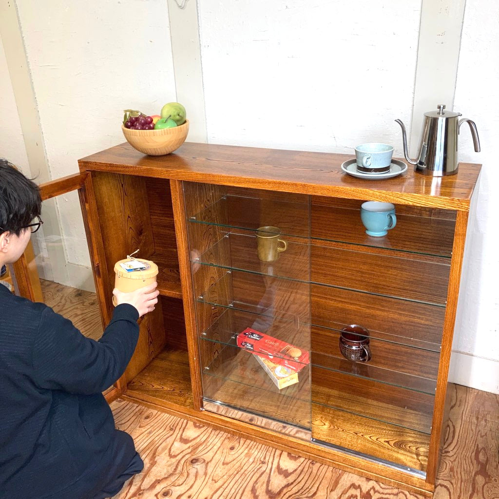 ケヤキ無垢材 ガラスキャビネット【2】右側扉 中古 引き戸 ガラス