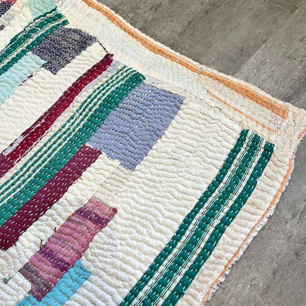 ラリーキルト ラグ パッチワーク ステッチ ブルー ヴィンテージ 中古