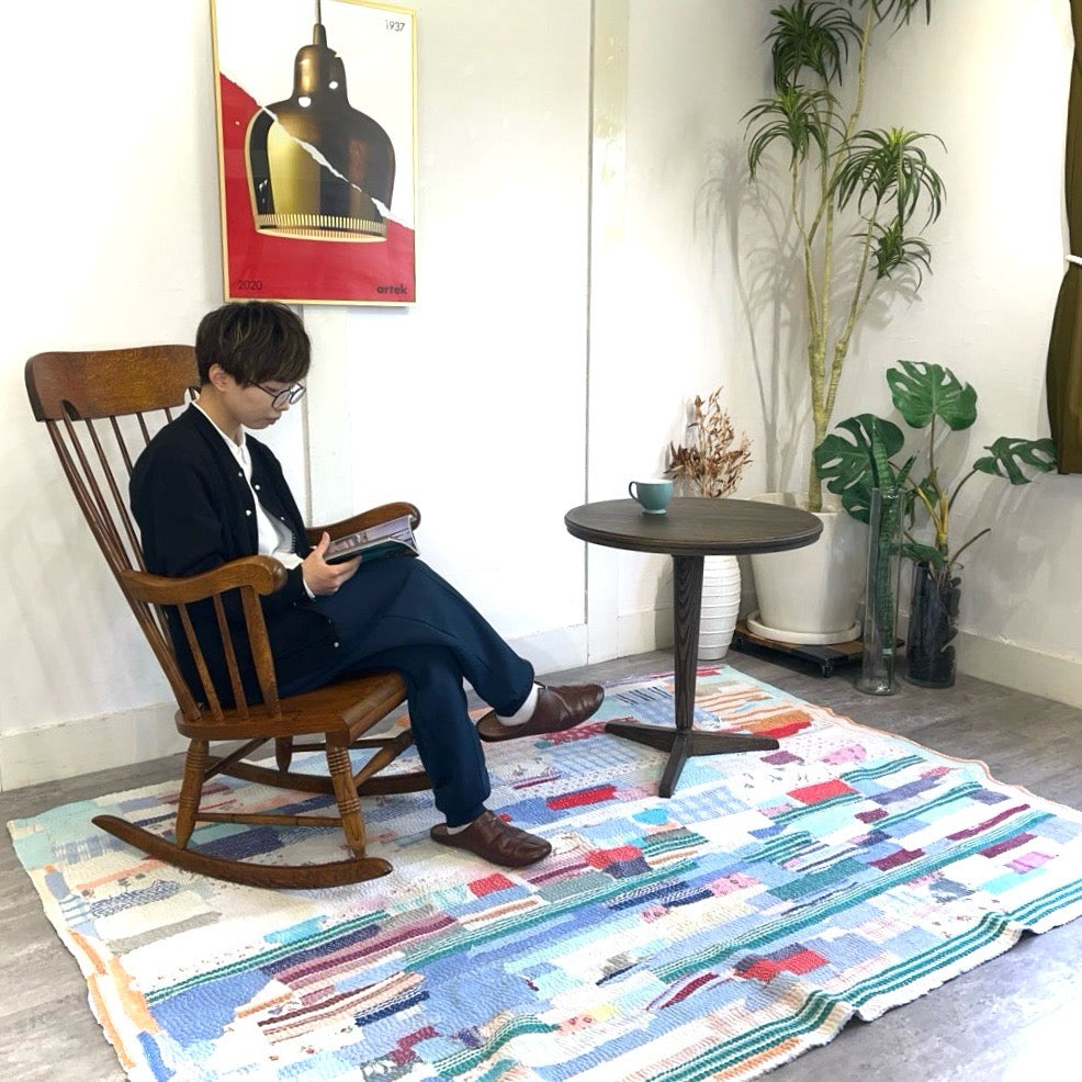 ラリーキルト ラグ パッチワーク ステッチ ブルー ヴィンテージ 中古