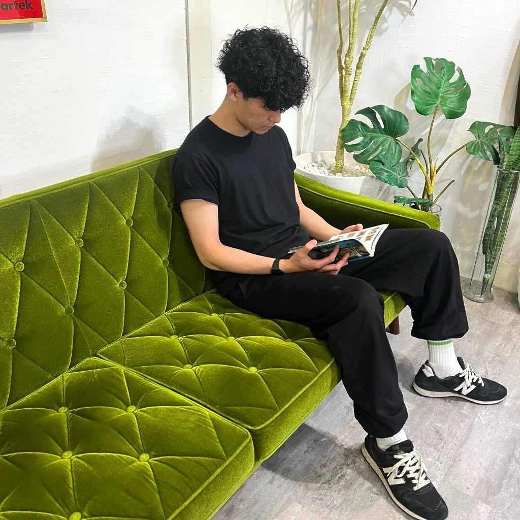 カリモク60 ロビーチェア 3シーター モケットグリーン 中古 国産