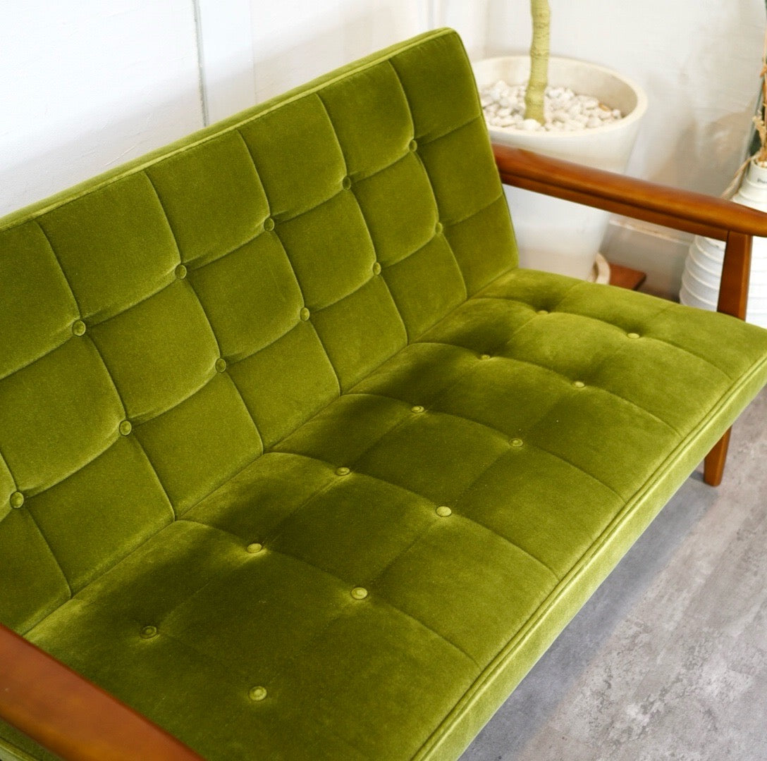 カリモク60 Kチェア 2シーターソファ モケットグリーン 中古 緑 レトロ