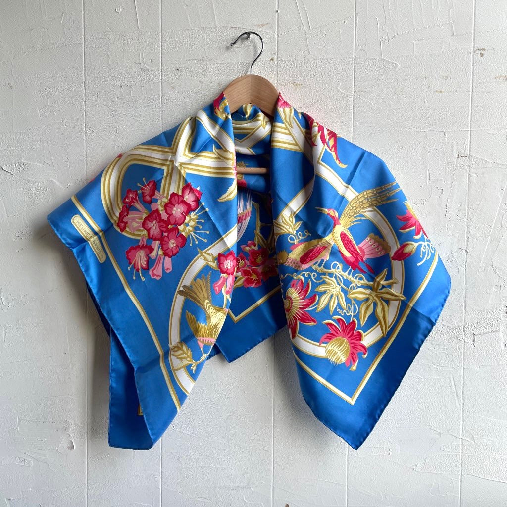 エルメス / HERMES スカーフ カレ 90 カリブ 花 鳥 青 シルク 中古