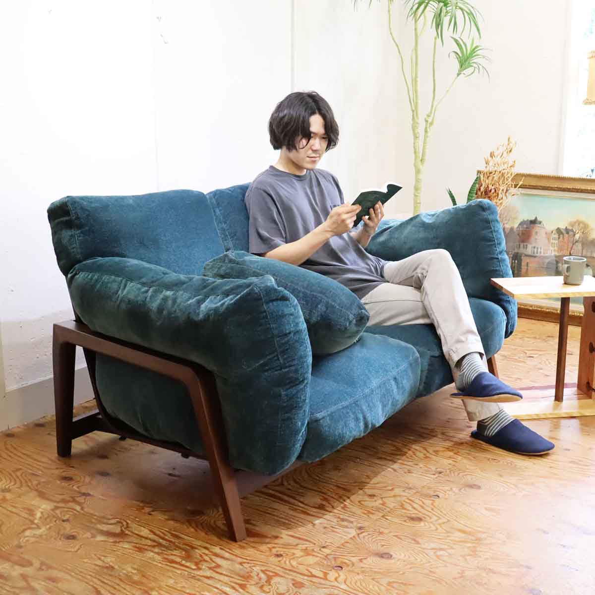 冨士ファニチア / FUJI FURNITURE nagi ワイド2Pソファ ブルー 布張り 中古