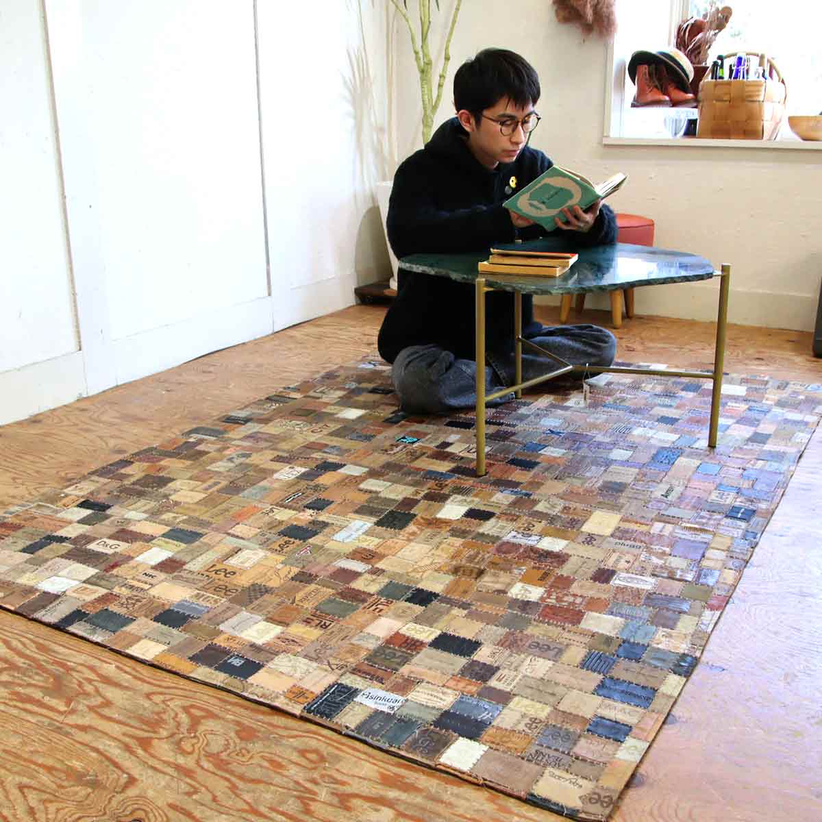 アスプルンド / ASPLUND シャルダ デニム革 パッチワーク ラグマット