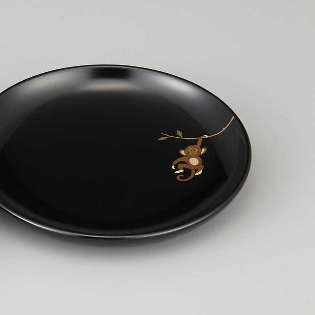 銘々皿｜輪島塗 銘々皿 干支 申蒔絵 黒 〔5寸丸〕 1枚 紙箱入