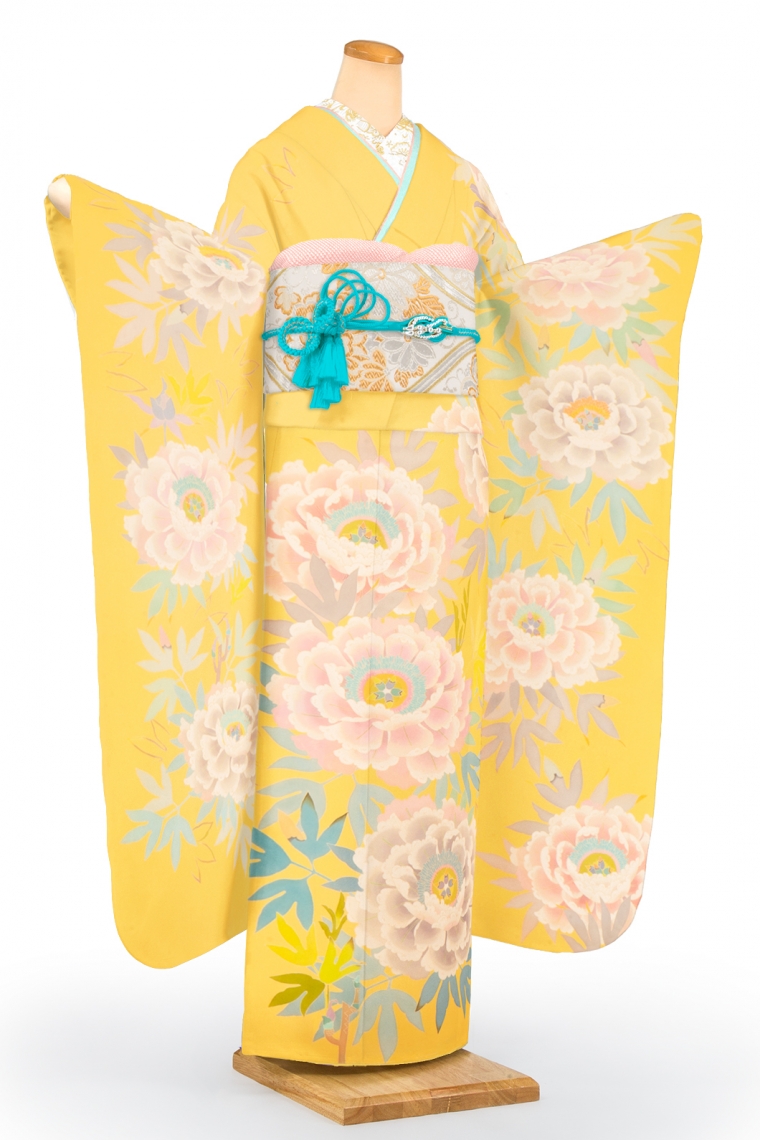 振袖レンタル 振袖LLサイズ 加賀友禅：山本みき 牡丹 黄クリーム｜着物